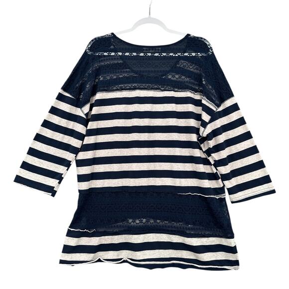 Weekend Suzanne Betro Navy Stripes Lace Detail Scoop Neck Striped Tunic Top 1X - Picture 2 of 6